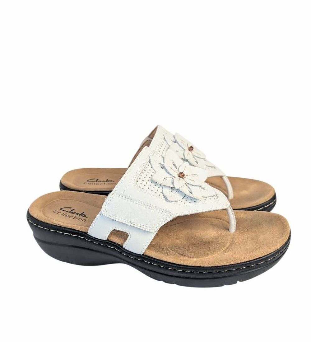 Clarks Merliah2 Kyla White leather lazercut 3D flower wedge sandals womens 9